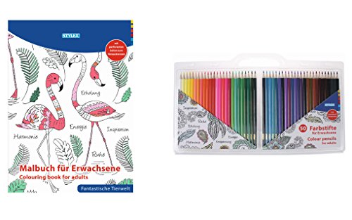 Preisvergleich Produktbild Malbuch für Erwachsene, 64 Seiten + 50 Farbstifte