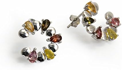 925 Sterling Silver Studs Expertly made with Enchanted Colorful Moon Shape Gemstone Tourmaline Earrings for Women Girls (Silver Gold)