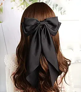 WHISKET Hair Bow Women Satin Hair Bow Clip Large Silky Hair Barrettes with Big Ribbon Large Vintage Bow Clip for Hair Accessories (BLACK)