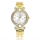 PLOT Damen Quarzuhr Ziffern | Mode Stahlband Uhren Mit Strass | Armbanduhren Für Frauen | Dekoration | Geschenke Für Frauen | Einstellbar Uhrenband | Quarzwerk (Gold)