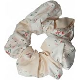 Lastik Toka, İncili &Ccedil;i&ccedil;ekli &ndash; &Ccedil;i&ccedil;ek Desenli Kumaş Scrunchie, Şık ve Yumuşak Sa&ccedil; Tokası (Krem Rengi)