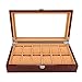 Produktbild JinDiLong Uhrenbox Holz Uhrengehäuse Schmuck Box 12 Slot Holz Geschenkbox Schmuck Display Aufbewahrungsboxen mit Glasplatte und abnehmbaren Speicher Kissen-Brown