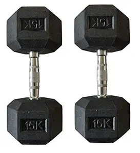 Body Maxx Hex Dumbbells 15 kg Pair, Rubber Dumbbell Set 15kg, Black Rubber Coated Dumbbells with Steel Grip Home Gym Fitness