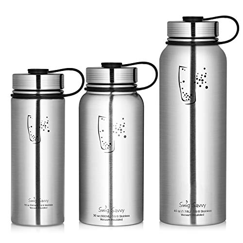 Botella de agua de acero inoxidable - con tapón a prueba de fugas de doble pared boca ancha con aislamiento de vacío - Termo reutilizable para bebidas frias y calientes - BPA gratis - 18 oz | Plata
