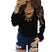 Produktbild DOLDOA Damen Langarmshirt,FrauenV-Ausschnitt mit Schnürung Vorne Oberteil lange Ärmel Kurz Tops Bluse Shirt (EU:38, Schwarz)