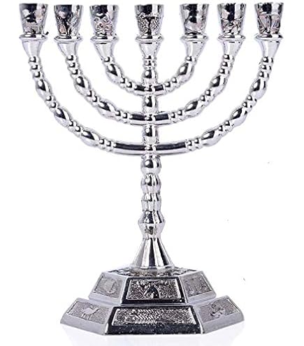 Menorah Candeliere Ebraico Oro - 7 Rami Con Simboli 12 Tribù Israele, 20cm - Foto 5