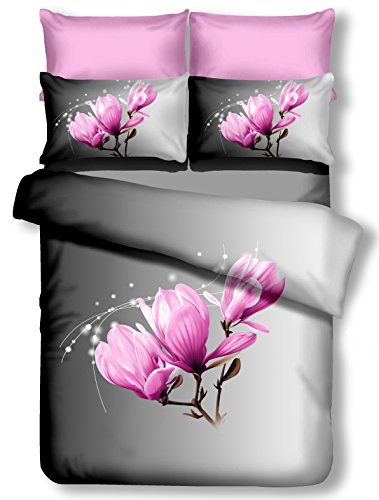 DecoKing Premium 60841 Bettwäsche 135x200 cm mit 1 Kissenbezug 80x80 grau 3D Microfaser Bettbezug Bettwäschegarnitur Blumen Blumenmuster lila rosa pink lilac weiß white anthrazit stahl graphit steel grey Magnolia