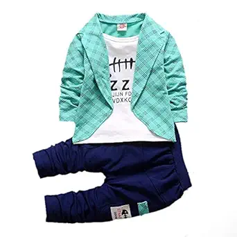 Googo Gaaga Boys Cotton Blazer Attached T-Shirt with Pant Set in Green Color