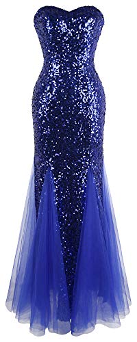 Angel-fashions Tulle Abito da Sera Senza Maniche Blu Paillettes delle Donne XL Blu
