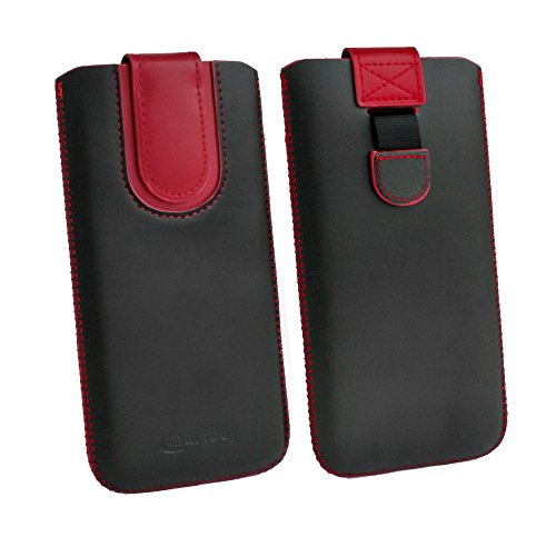 emartbuy Noir/Rouge Etui Coque Pochette en Cuir PU (Taille LM3) avec Languette d'Extraction Compatible avec Smartphones Listés Ci-Dessous