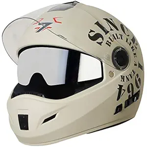 Steelbird Cyborg Tank Full Face Helmet with Chrome Silver Sun Shield, ISI Certified Helmet (Matt Off-White Black, Large 600 MM)