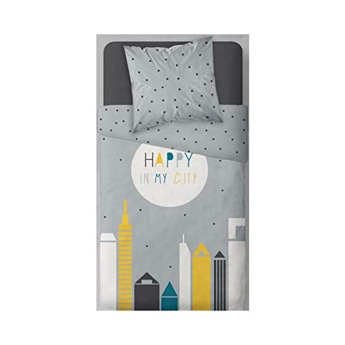 TODAY Happy City-Parure HC1 : Housse de Couette 140x200 + 1 Taie d'Oreiller 100% Coton, (57 Fils), Gris