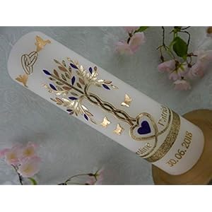 Hochzeitskerze Traukerze Lebensbaum Herz Schmetterlinge Tauben lila gold 250/70 mm inkl. Beschriftung