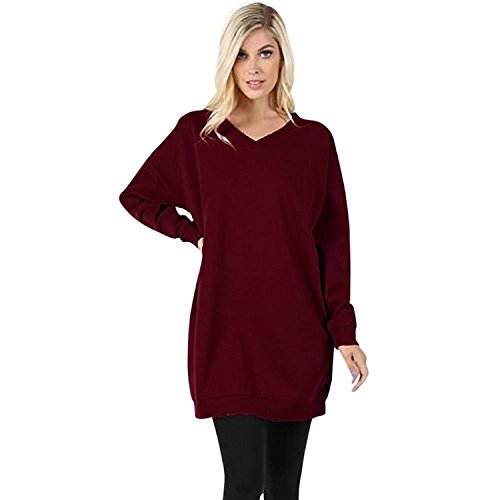 Womens Ladies Long Jumpers Mingfa Casual V Neck Tunic Tops Pure Color Sweatshirt Pullover with Pocket