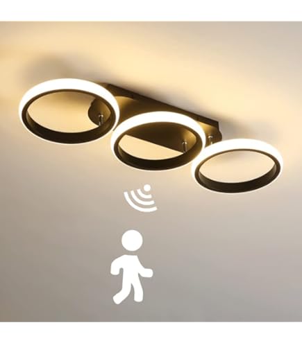 KZT Plafondlamp met LED Gloeilamp Bewegingsdetector en Radar Bewegingssensor Moderne Hout Hal Plafondlicht Binnen Wit Glas Plafondlampen E27 lamp 3000K voor Gang Balkon Kelder Trappen Veranda Keuken