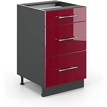 Vicco Meuble Cuisine Fame-Line, Rouge Bordeaux Haute Brillance 80cm Avec 3 Tiroirs Pt Marbre 93130941