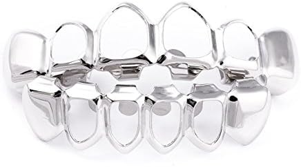 Bling King Men's Hot Silver Plated 4 Open Face Hip Hop Bling Grillz Top &amp; Bottom Set Teeth