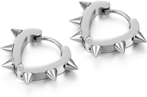 JewelryWe Punk Rock Style Stainless Steel Hollow Heart Rivets Huggie Hoop Earrings for Men Women (with Gift Bag)