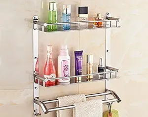 HANDY Bathroom Accessories Stainless Steel Double Layer Bathroom Shelf with Towel Rod Multipurpose Wall Mount Bathroom Shelf Organizer with Hook (Silver), Set of 1