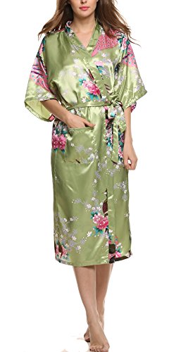 Avidlove Damen Morgenmantel Kimono Robe Bademantel Nachtwäsche aus Satin mit Peacock und Blüten entwerfen Robe Lange Stil - 3
