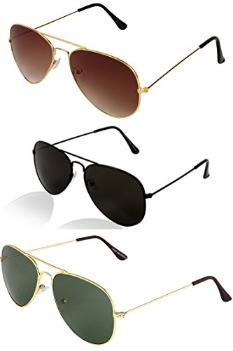 Sheomy Stylish sunglasses 3 Combo Set of 3 UV Protect Aviators Unisex sunglasses & goggles for Men/Women with three Boxes (Golden Brown | Full Black | Golden Green) RS.405 (90.00% Off) - Amazon