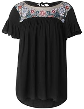 C&A Damen Bluse Kurzarm mit Blumenstickerei schwarz