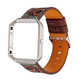 Gimartuk Echtes Lederband für Armbanduhr, Armband mit Blumenmuster, Armband Für Fitbit Blaze mit Stahlrahmen, damen, Grün/Blumen, Small / Large