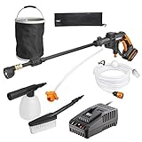 Lieferumfang: 1x WORX Hydroshot WG629E mit Multi-Sprühdüse, 1x kurze Lanze, 1x Verlängerung für Lanze, Falteimer, Schaumdüse, Waschbürste, 6m Schlauch, 1x Tragetasche, 1x Schnellladegerät, 1x 2000mAh Powershare-Akku