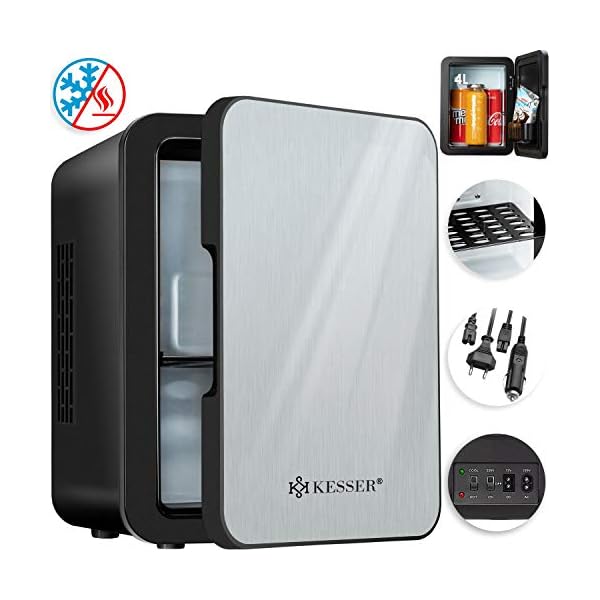 Kesser® 2in1 Mini Kühlschrank 4 Liter Edelstahl | mit Kühl- und Heizfunktion | 45 Watt | Steckdose und am Zigarettenanzünder | 12 Volt und 230 Volt | Kabel Auto | Warmhaltebox | Mini-Thermobox