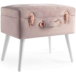 Beautify Tabouret avec Coffre en Velours Rose - Solution de Rangement élégante 2-en-1 - Style Ottoman avec Pieds Blancs et Finition Couleur Or Rose
