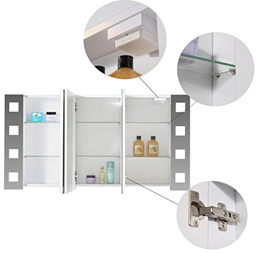 Eurosan 3-türiger Spiegelschrank, Superflach, Integrierte LED-Frontbeleuchtung, Breite 120 cm, Weiß, New York, NY120 - 3