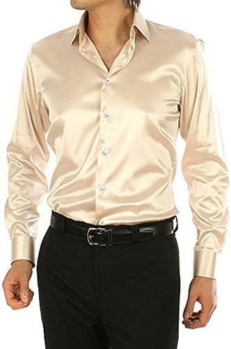 EUROUS Men's Fashion Shiny Regular-Fit Solid Color Dance Prom Silk Like Dress Shirt (Ight Yellow, XL)