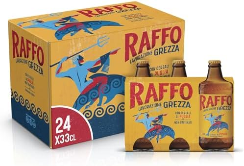 Raffo Lavorazione Grezza Cassa Birra con 24 Bottiglie da 3x33 cl, 7.92 L, Birra Lager Non Filtrata A Bassa Fermentazione dal Gusto Piacevolmente Fresco e dal Colore Dorato, Gradazione 4.8% Vol