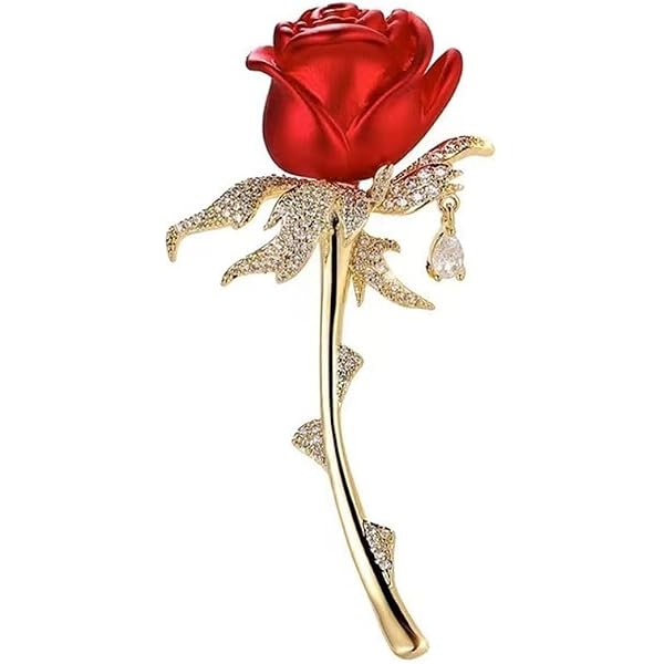 Anmpab Rhinestone Rose Brooch Pin - Red & Green Crystal Flower Lapel Pin For Dresses, Hats, Bags, Or Suits