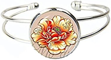 Chinese Style Peony Pattern Open Cuff Bangle Glass Bracelets Silver Plated Red Flowers Jewelry
