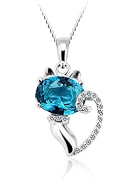 JiangXin Mädchen Blau Katze Österreich Kristall 925 Sterling Silber Damen Anhänger Halskette Mit 45cm Box Silber...