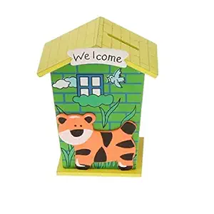 HOME BUY Piggy Bank for Kids Wood House Animal Designs, Multi Color Perfect Return Gift for Kids Birthday Party (Single Pack) Random Colour