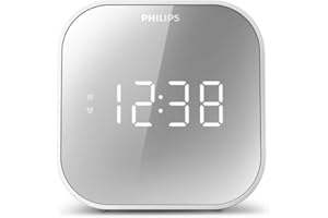 TAR4406/12 Despertador Philips Radio, con Pantalla de Espejo para la cabecera, Radio Digital con Doble Alarma, Temporizador para Dormir y función de repetición, batería portátil de Reserva, con USB