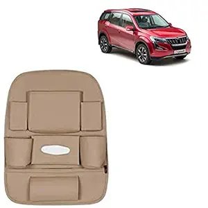 RD Universal PU Leather Car Auto Seat Back Organizer Multi Pocket Travel Storage Bag with Hangers, Tissue Paper and Bottle Holder-Beige Colour Compatible for Mahindra XUV 500