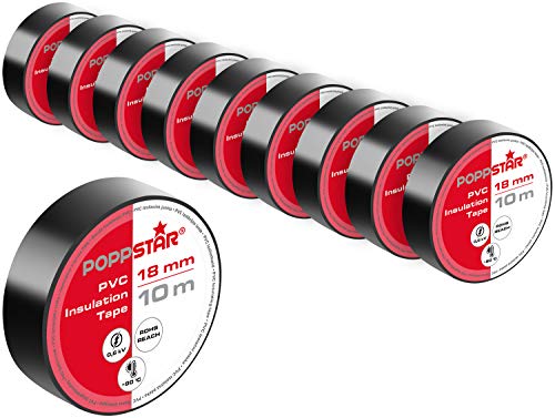 Poppstar - 10x 10m Bande isolante (ruban d'étanchéité PVC - ruban adhésif), pour l'isolation - réparation de conducteurs électriques, (18mm de large), noir