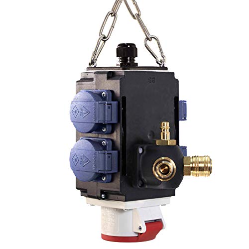 as - Schwabe MIXO Energiewürfel II+ - Hänge-Verteiler mit 4 Schuko-Steckdosen 230 V, 16 A & 1 CEE-Steckdose 400 V, 16 A, 5-polig & Druckluftanschluss - IP44 - Made in EU - Schwarz I 60734