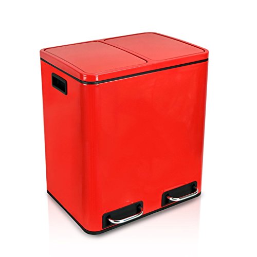 Preisvergleich Produktbild Edelstahl Mülleimer Tretabfalleimer rot 2x15 Liter Mülltrennung Müllsammler