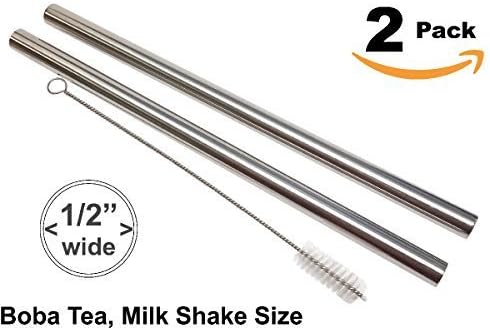STEELUTION: 2Pack Boba/Bubble Tea/Milkshake Straws! Stainless Steel with Cleaner! Half Inch Wide! *ships without any plastic packaging* by Steelution