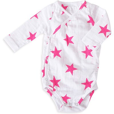 aden + anais Kimono Body Suit (9 to 12 Months, Long Sleeve, Medium, Shocking Pink Star)