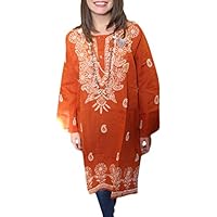 Mogul Interior Womans Orange Indian Tunic Dress Embroidered Ethnic Bohemian Kurti XL