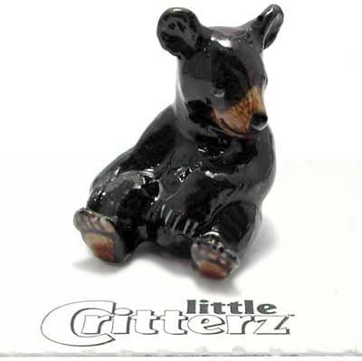 BLACK BEAR CUB sits and waves "Honey" New Figurine MINIATURE Porcelain LITTLE CRITTERZ LC153 by Little Critterz