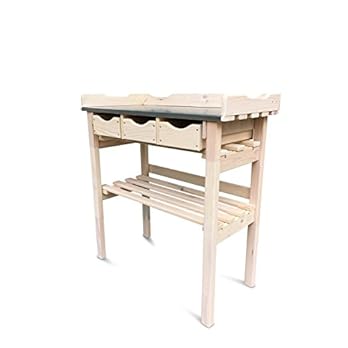 Pflanztisch Mit 3 Schubladen Aus Holz Zinkplatte Wei Durchscheinend Lasiert B78 X T38 X H82 Cm