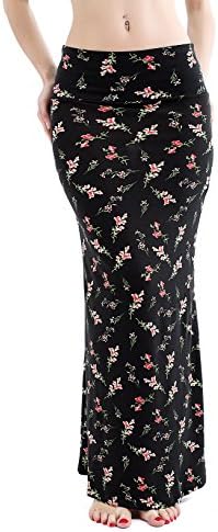 Deeyomi Women's Floral High Waist Knit Casual Fold Over A-Line Maxi Skirt in Black L