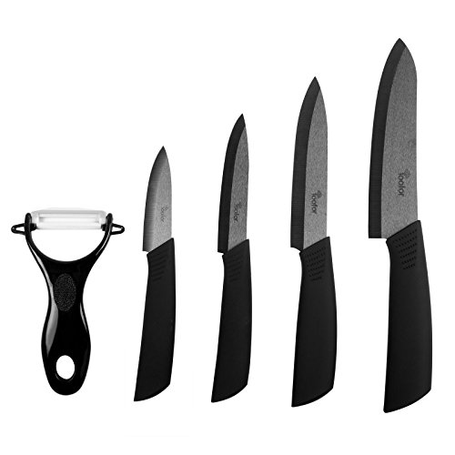 Keramikmesser set,Yoofor Hochwertiges Keramikmesser mit Griff in hohem Druck, Set 5-teilig Keramik Küchenmesser mit Schutzhülle zum Schneiden Obst &Gemüse & Fleisch - Schwarz