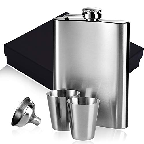 SMUER Fiaschetta in Acciaio Inox, Fiaschetta Acciaio Fiaschetta Tascabile con Tappo a Vite, Un Pratico Imbuto e Due Tazze(7 Oz Argento)